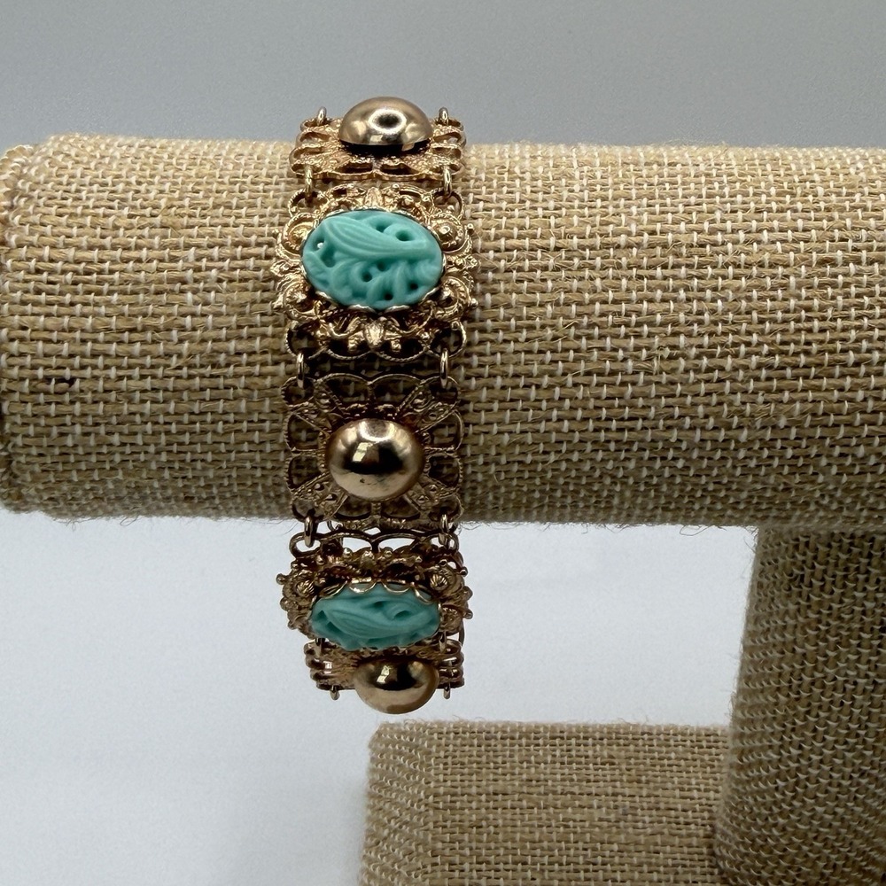 Vintage Celluloid Carved Panel Bracelet Gold Tone Blue Green Chunky Grannycore